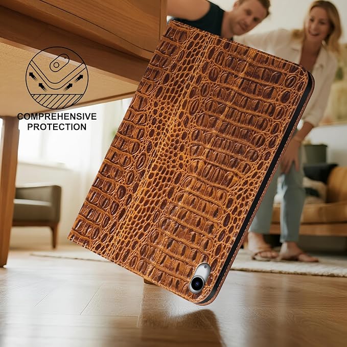 Leather Case for iPad (A16) 11th Gen. 2025 11 Inch iPad 10th Gen.2022 10.9 Inch Full Grain Leather Cover with Auto Sleep/Wake Anti Slip Crocodile Pattern