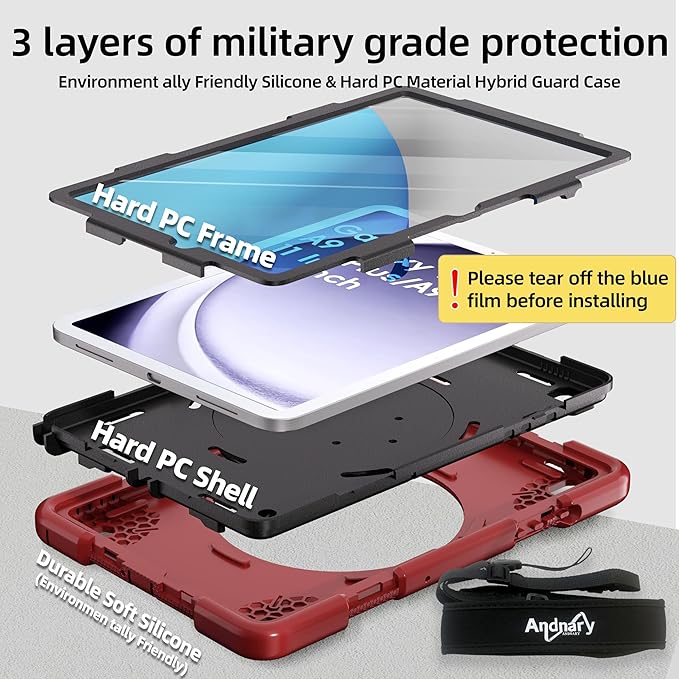 Case for Samsung Galaxy Tab A9+/A9 Plus Case 11 Inch with Screen Protector/360° Rotating Stand/Pen Holder/Shoulder Strap Shockproof Cover for Tablet A9+ 5g (Red+Black)
