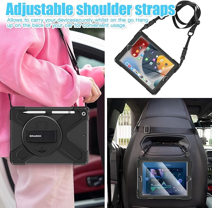 BRAECNstock Case for Apple iPad 9th/ 8th/ 7th Generation 10.2 2021/2020/2019 Shockproof Protective iPad 10.2 inch Case Kids with Screen Protector Pencil Holder Rotating Hand Strap &amp Stand Bla