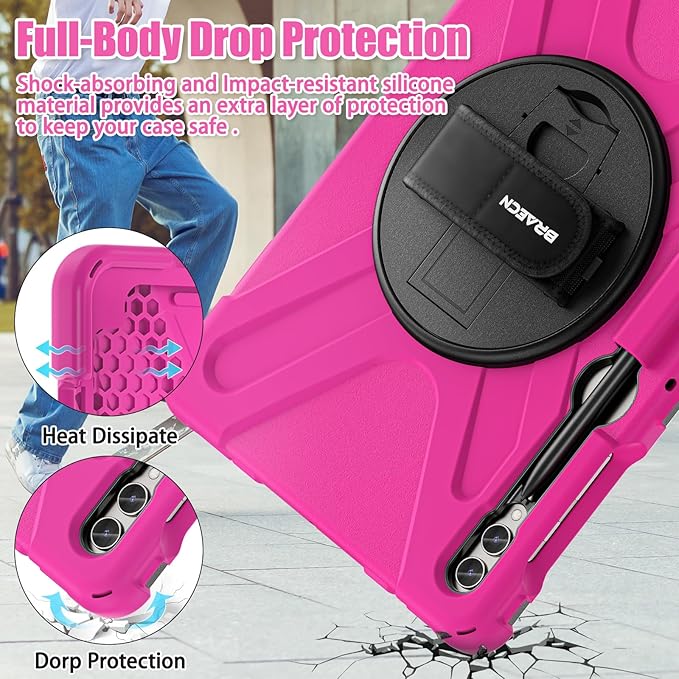 BRAECNstock for Samsung Galaxy Tab S10+ Plus/ S9 FE+ Plus/ S9+ Plus/ S8+ Plus/ S7 FE/ S7+ Plus 5G Tablet Case 12.4 Shockproof Protective Cover with Pen Holder Rotating Hand Strap &amp Stand - Rose R