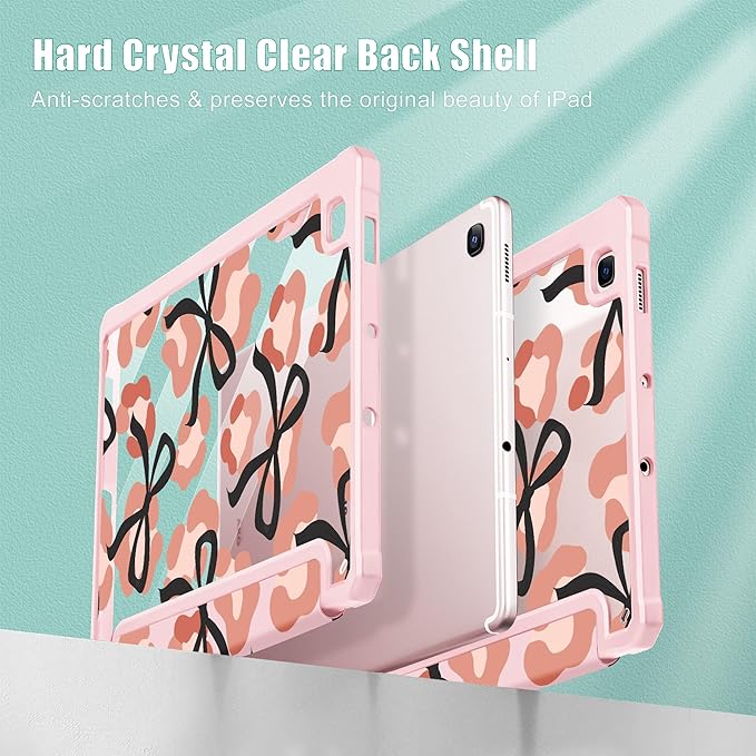 Mektron Case for Samsung Galaxy Tab S6 Lite 10.4 Inch 2024/2022/2020 with S Pen Holder Multi-Angle Viewing with Shockproof Cover Clear Shell + Trifold Stand + Auto Wake/Sleep Leopard Bows