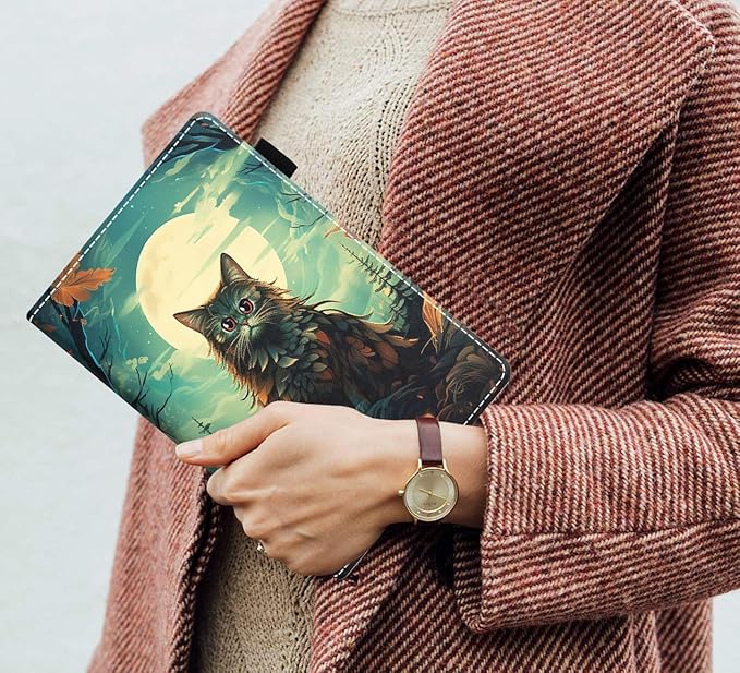 Case for Amazon Kindle Fire 7 Tablet (7 9th/7th Generation 2019/2017 Release) Slim PU Leather Cover with Card Slot &amp Auto Wake/Sleep Cat Under The Moon