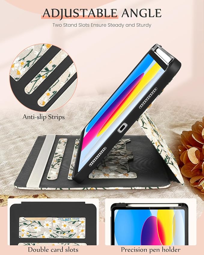 for iPad 10th Generation Case for iPad (A16) 11th Generation Case - Women Girls Cute Embroidered Folio Stand Cover with Pencil Holder &amp Card Slot Girly Kawaii Daisy Flowers Aesthetic Cases