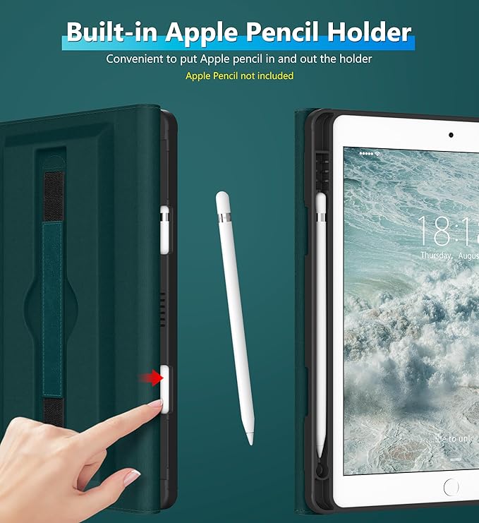 DTTO Rotating Case for iPad 9th/8th/7th Generation 10.2 Inch 2021/2020/2019 360 Degree Swiveling Premium Leather Folio Stand Cover with Pencil Holder - Auto Wake/Sleep and Hand Strap Green
