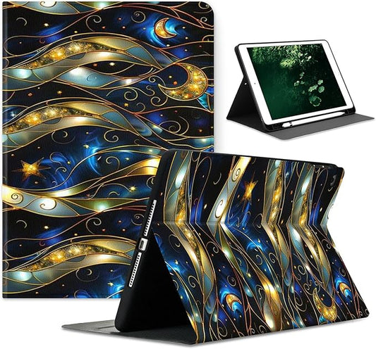Compatible with iPad Air 13 inch Case (M3 2025 /M2 2024)/12.9 inch Case (6th/5th/4th/3rd 2022/2021/2020/2018) with Pencil HolderAuto Wake/Sleep Protect CoverStained Glass Effect Moon Stars
