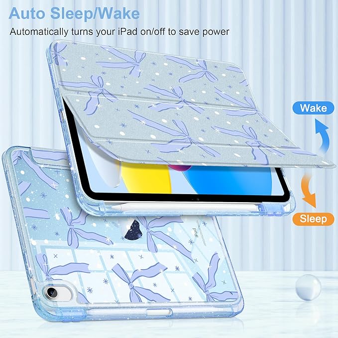 MEEgoodo Case for iPad A16 11th Generation 2025/10th Generation 2022 Glitter Tablet Cases with Transparent Acrylic Back+Trifold Stand +Pencil Holder+Auto Wake/SleepBlue Bow &amp Polka Dots