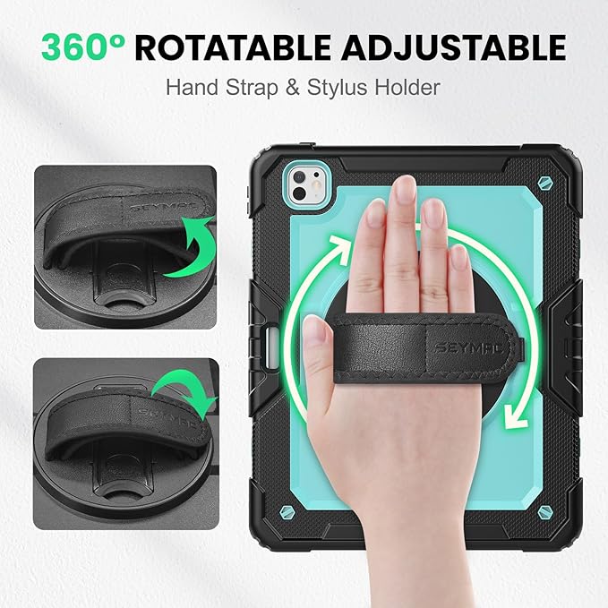 SEYMAC Case for iPad Pro 13 Inch M5 2025 / M4 2024 Heavy Duty Shockproof Protective Case with Screen Protector 360° Rotating Stand Hand/Shoulder Strap and Pen Holder Light Blue
