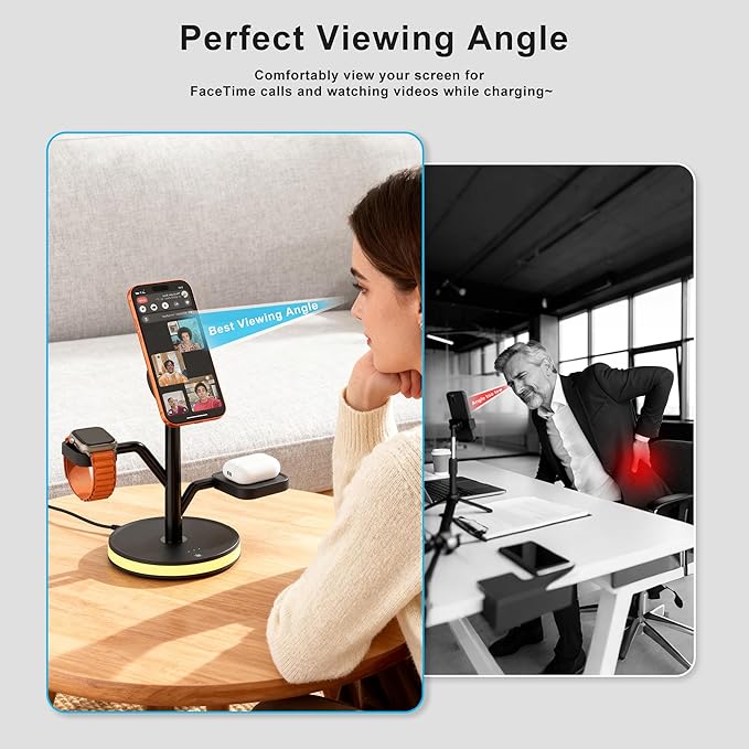 3 in 1 Charging Station for Apple Devices Fast Charging Magsafe Charger Stand with LED Light and 20W PD Adapter Wireless Nightstand Charger for iPhone17/16/15/14/13/12 SeriesAirPodsiWatch and More