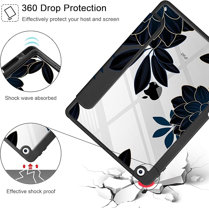 for iPad 9th Generation with Pencil Holder iPad 8th/7th Gen Case 10.2-inch [Built in Pencil Holder] Trifold Stand Auto Wake/Sleep Clear TPU Protection Back Cover Flower Dahlia