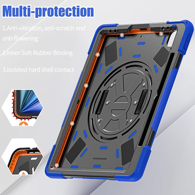 for iPad Air 13-inch M2 (2024) A2898/A2899 for iPad Pro 12.9 Rugged Case Portable Heavy Duty Shock-Proof Armor Cover with Swivel Kickstand/Hand Grip Shoulder Strap Pencil Holder (Blue)