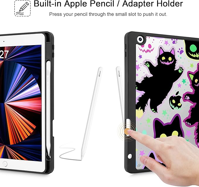 for iPad 9th Generation with Pencil Holder iPad 8th/7th Gen Case 10.2-inch [Built in Pencil Holder] Trifold Stand Auto Wake/Sleep Clear TPU Protection Back Cover Creepy &amp Funny Cats