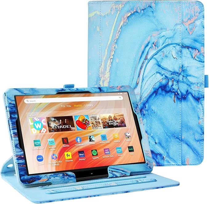 OKP Case for All New Kindle Fire HD 10 Tablet &amp HD 10 Plus (11th/13th Generation 2021/2023 Release) 360 Degree Rotating Swivel Stand Leather Cover with Pencil Holder Auto Wake Sleep Marble Blu