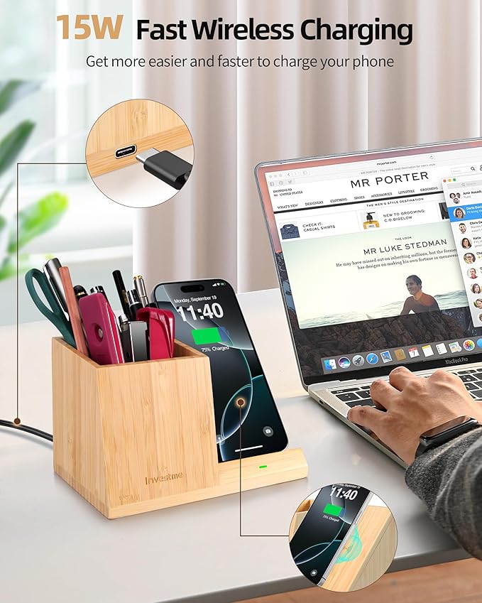 3-in-1 Bamboo Wireless Charger with Desk Organizer Bamboo Pen Holder for Desk 15W Fast Wireless Charger with Pen Holder for Home Office Supplies Compatible with iPhone and Samsung