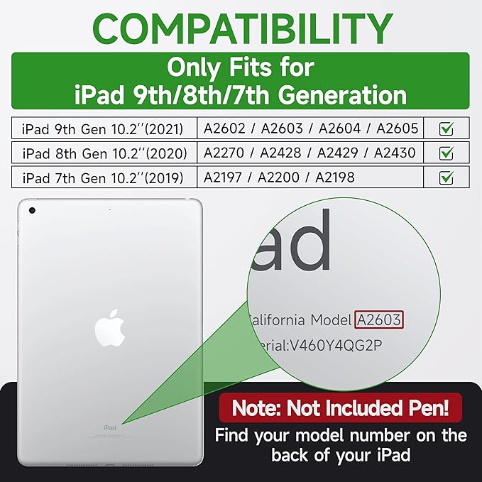 Case for iPad 9th/8th/7th Generation 10.2 inch Shockproof Cover with Screen Protector/360° Rotate Stand/Pencil Holder/Shoulder Strap Kids Case for iPad 2021/2020/2019 (Dark Green+Green)