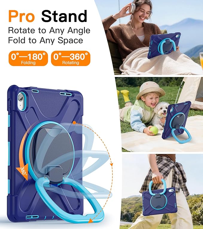 BATYUE Case for iPad (A16) 11th/10th Gen 11''/10.9'' 2025/2022 - Heavy Duty Shockproof Cover with 360° Rotating &amp 180° Folding Stand Screen Protector Shoulder Strap &amp Pencil Holder | NavyBlu