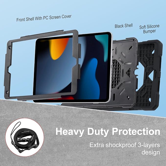 Case for iPad 9th Generation (2021) /iPad 8th Gen (2020)/iPad 7th Gen (2019) Military Grade Shockproof iPad Case Built-in 360°Rotating Stand/Pen Slot/Shoulder Strap for iPad 10.2 (Black)