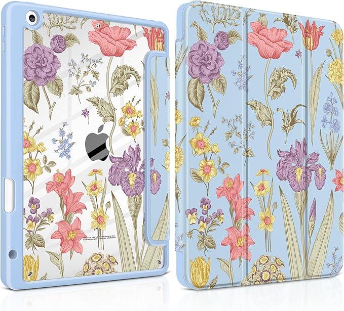 DONGKE for iPad 9th/8th/7th Generation Case 10.2 Inch (2021/2020/2019) [Auto Sleep/Wake &amp Pencil Holder] Clear Acrylic Back Trifold Stand Cover Blue Botanical Floral