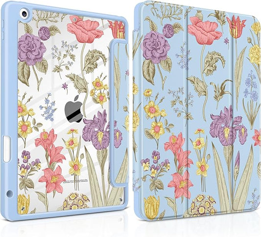 DONGKE for iPad 9th/8th/7th Generation Case 10.2 Inch (2021/2020/2019) [Auto Sleep/Wake &amp Pencil Holder] Clear Acrylic Back Trifold Stand Cover Blue Botanical Floral