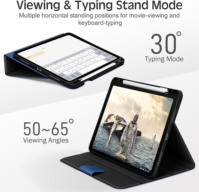 KingBlanc Case for iPad Pro 12.9 6th/5th/4th/3rd Generation 2022/2021/2020/2018 with Pencil Holder Vegan Leather Bicolor Cover Auto Sleep/Wake Support Pencil2 Charging Navy Blue × Royal Blue
