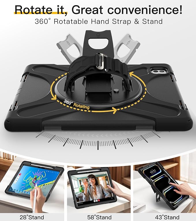 BRAECN for iPad Pro 13 inch Case M5 2025 &amp M4 2024 Heavy Duty Shockproof Protective with Pencil Holder Screen Protector 360°Rotating Stand Handle &amp Shoulder Strap Full Body Cover Kids Friendly