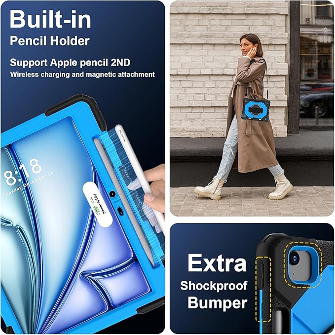 Case for iPad Air 11 inch M2 2024Tablet case for iPad Air 6th Generation Kids case Shockproof Protective with 360° Rotate Kickstand Hand Strap Shoulder Strap Cover Black/Blue