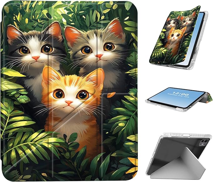 for iPad Pro 11 2024 Case with Pencil Holder Foldable Y-Shaped Protective Cover Stylish Clear Multi-Angle Viewing &amp Auto Sleep/Wake Three Cats Jungle Tablet Case
