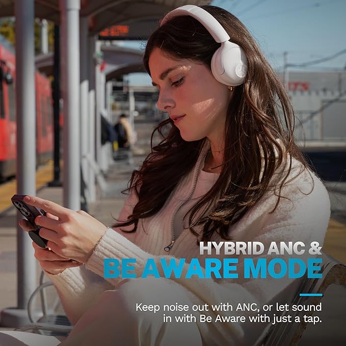 JLab Go Lux ANC Wireless Headphones Cloud White Hybrid Active Noise Cancelling Premium On-Ear Bluetooth Headset Customizable Sound Be Aware Mode Cloud Foam Comfort Multipoint Connection