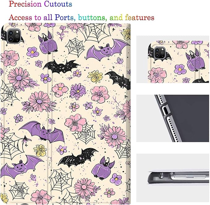 Case for Samsung Galaxy Tab A11 Plus/A9 Plus 11 Inch 2025/2023Adjustable Stand Auto Wake/Sleep Function Full Body Protection Cover - Halloween Bat Flower