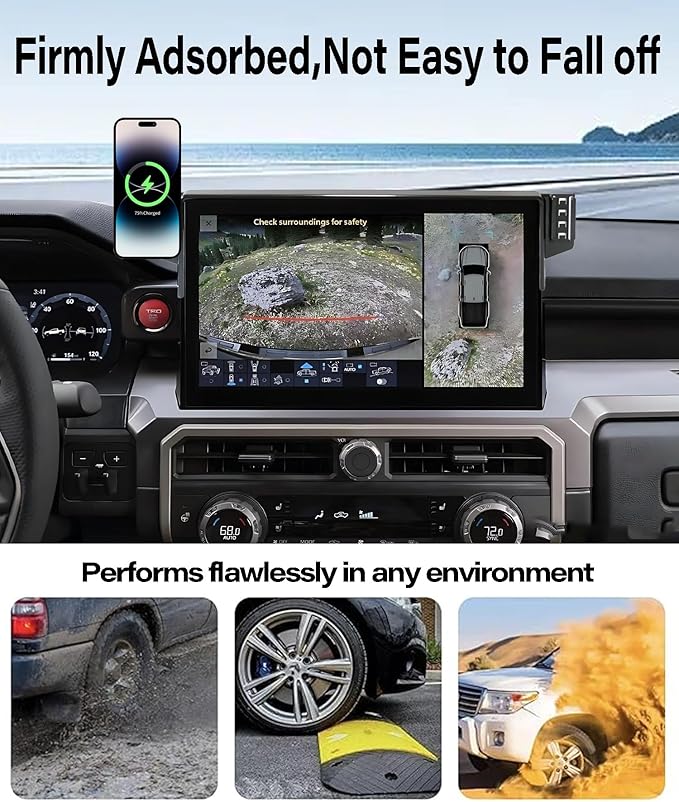 Car Phone Holder for 2024 2025 2026 Toyota Tacoma/2025 Toyota 4Runner Accessories 15W MagSafe Fast Wireless Charger Cell Phone Mount Apply to 14 Inch Touch Screen Fixed Clip 360° Rotation