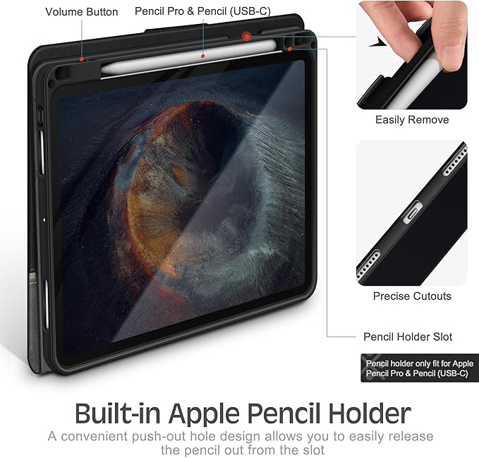 KingBlanc Case for iPad Pro 13 inch (M5 2025/M4 2024) with Pencil Holder Vegan Leather Stand Cover Auto Sleep/Wake Support Pencil Pro/(USB-C) Viewing/Writing Angles Vintage Notebook Style Black