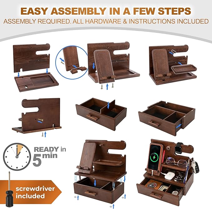TESLYAR Wood Phone Docking Station with Drawer - Nightstand Organizer - Desk Organizer for Husband - Birthday Gifts for Men Dad Anniversary Idea Key Holder Stand Watch &amp Accessories (Antique Br