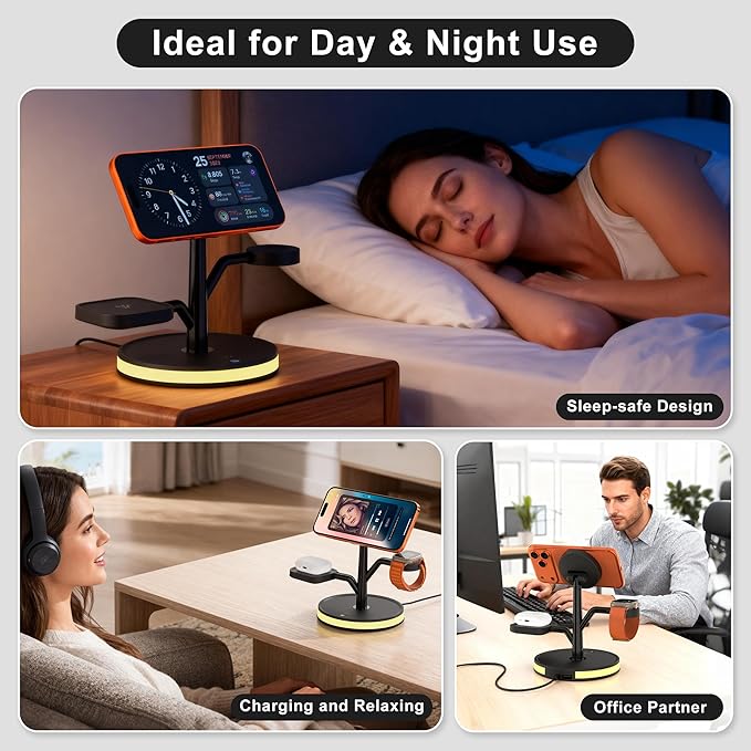 3 in 1 Charging Station for Apple Devices Fast Charging Magsafe Charger Stand with LED Light and 20W PD Adapter Wireless Nightstand Charger for iPhone17/16/15/14/13/12 SeriesAirPodsiWatch and More