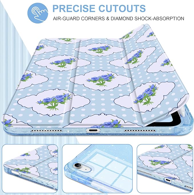 MEEgoodo Case for iPad A16 11th Generation 2025/10th Generation 2022 Glitter Tablet Cases with Transparent Acrylic Back+Trifold Stand +Pencil Holder+Auto Wake/SleepRoses &amp Blue Polka Dots