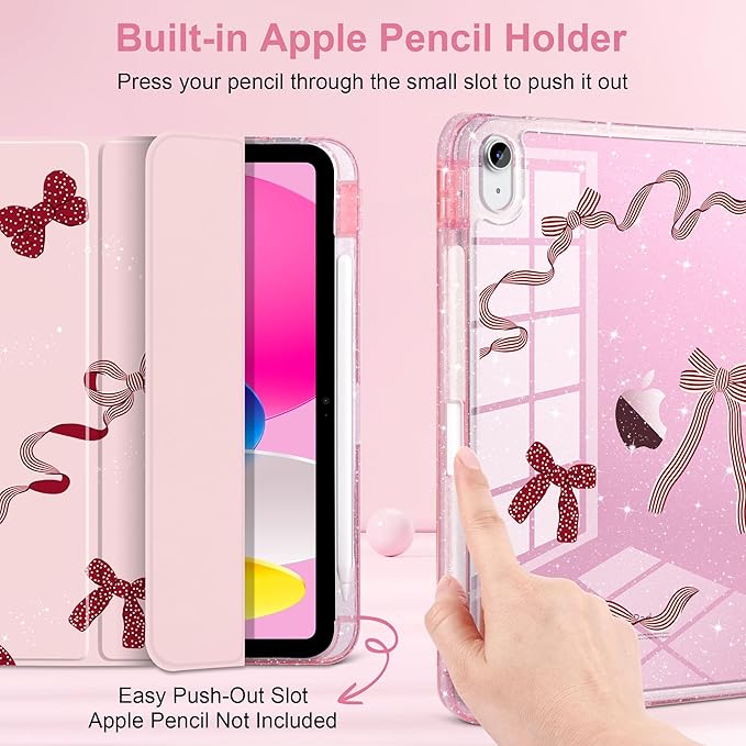 MEEgoodo Case for iPad A16 11th Generation 2025/10th Generation 2022 Glitter Tablet Cases with Transparent Acrylic Back+Trifold Stand +Pencil Holder+Auto Wake/SleepSimple Striped &amp Dots Bow