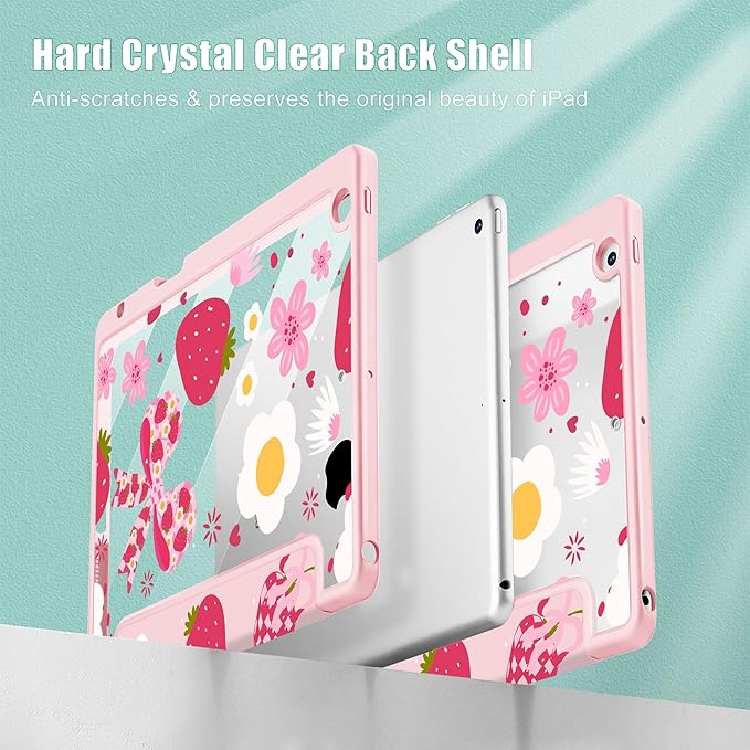 for iPad 9th Generation with Pencil Holder iPad 8th/7th Gen Case 10.2-inch [Built in Pencil Holder] Trifold Stand Auto Wake/Sleep Clear TPU Protection Back Cover Strawberry Bow