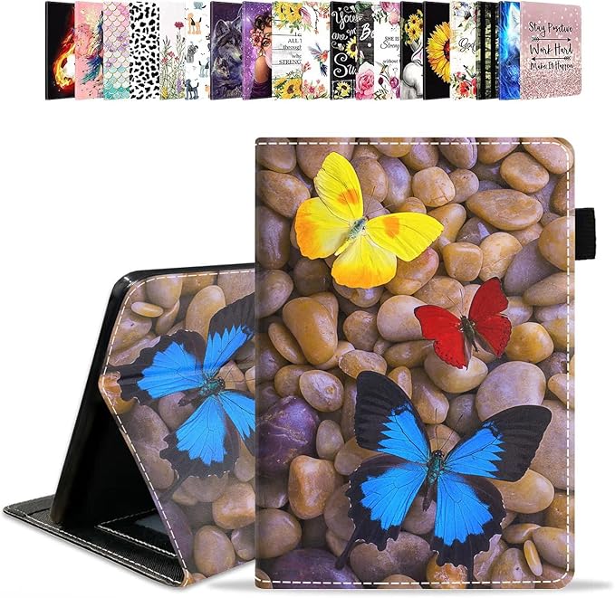 Case for Amazon Kindle Fire HD 10 &amp 10 Plus Tablet 10.1 (13th/11th Generation 2023/2021 Release) - PU Leather Folio Case with Smart Auto Wake/Sleep Cobblestone and Butterfly