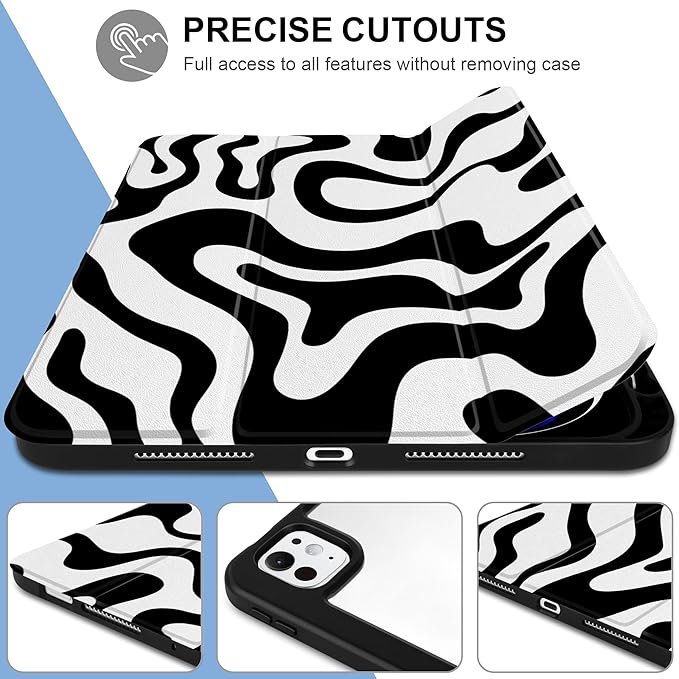 TWOLSKOO Case for iPad Pro 11-inch (M5 2025 / M4 2024) Clear Acrylic Back with TPU Bumper Pencil Holder Trifold Stand Auto Sleep/Wake Black Waves