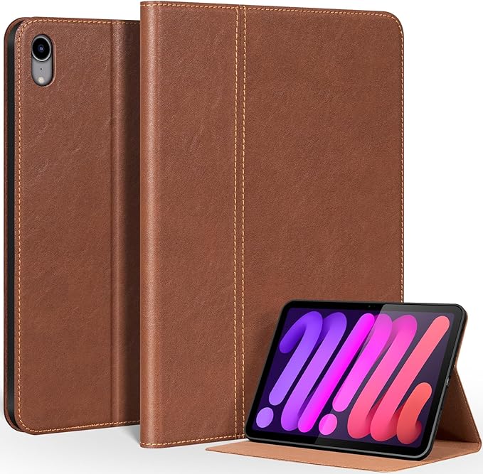 Genuine Leather Case for iPad mini 7/Mini 6 Generation(8.3 Inch 2021/2024)Vegetable Tanned Leather Smart Folio Cover for with Auto Wake/SleepAdjustable StandAnti Slip/FingerprintRedbrown