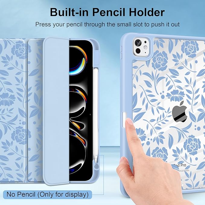 MecBevia Case for iPad Pro 11 inch M5 2025 / M4 2024 (6th/5th Gen) A3357 A3358 A3359 A2836 A2837 A3006 – Built-in Pencil Holder &amp Auto Wake/Sleep Vintage Blue Floral