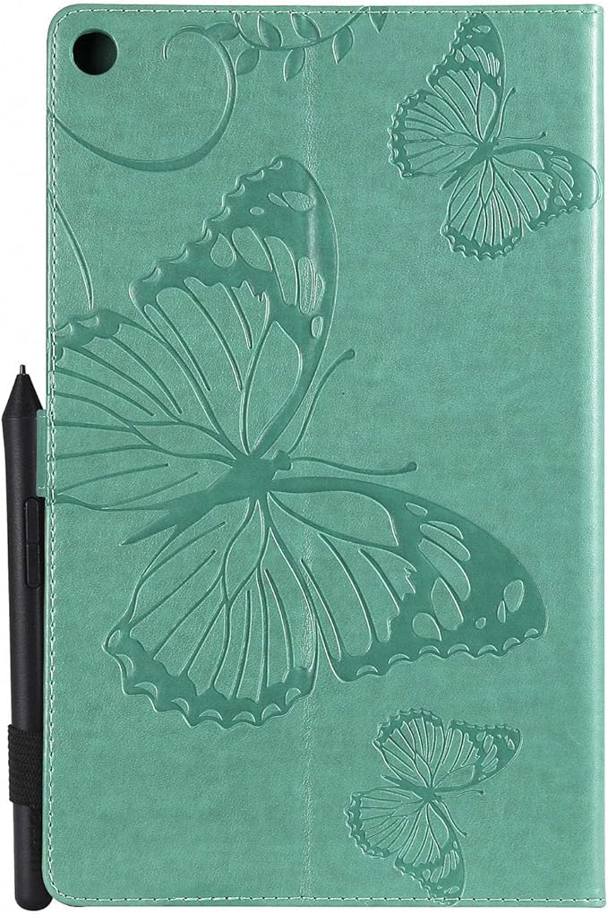 Kindle Fire HD 10 Tablet 2019/2017 Case 9th/7th Generation 10.1 with Pencil Holder Pockets [Auto Sleep/Wake] Folio Stand Embossed PU Leather Magnetic Smart Wallet Cover Green Butterfly