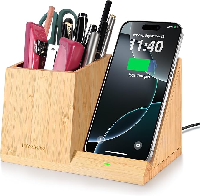 3-in-1 Bamboo Wireless Charger with Desk Organizer Bamboo Pen Holder for Desk 15W Fast Wireless Charger with Pen Holder for Home Office Supplies Compatible with iPhone and Samsung