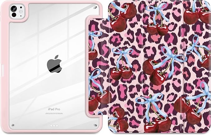 TWOLSKOO Case for iPad Pro 11-inch (M5 2025 / M4 2024) Clear Acrylic Back with TPU Bumper Pencil Holder Trifold Stand Auto Sleep/Wake Bows &amp Cherries