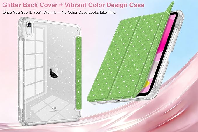 MEEgoodo Case for iPad A16 11th Generation 2025/10th Generation 2022 Glitter Tablet Cases with Transparent Acrylic Back+Trifold Stand +Pencil Holder+Auto Wake/SleepWhite Dots and Green