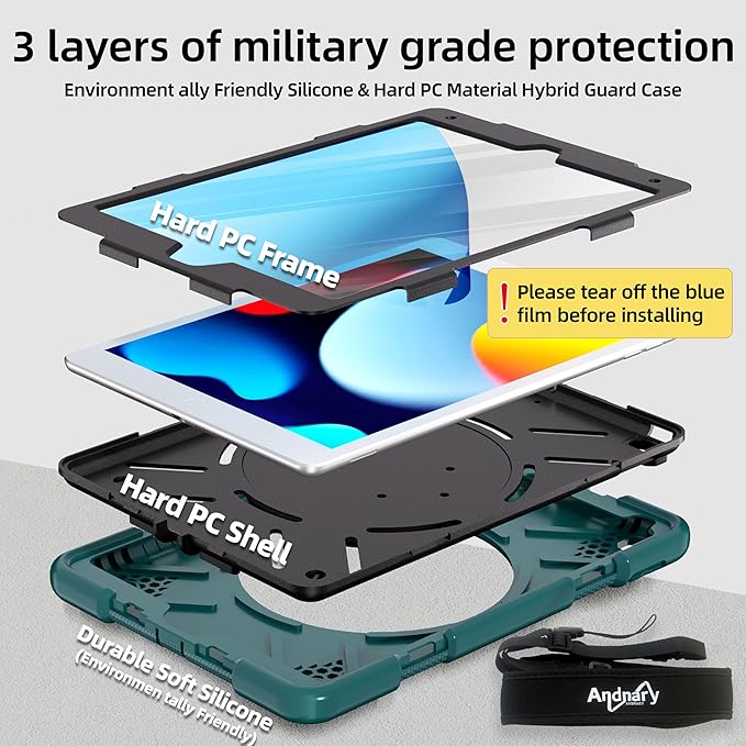 Case for iPad 9th/8th/7th Generation 10.2 inch Shockproof Cover with Screen Protector/360° Rotate Stand/Pencil Holder/Shoulder Strap Kids Case for iPad 2021/2020/2019 (Dark Green+Black)