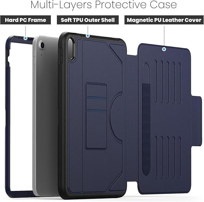 Case for iPad (A16) 11th/10th Generation 11''/10.9'' 2025/2022: Shockproof Protective Cover with Auto Wake/Sleep Strong Magnetic Multi-Angles Stand Pencil Holder Card Slot Blue