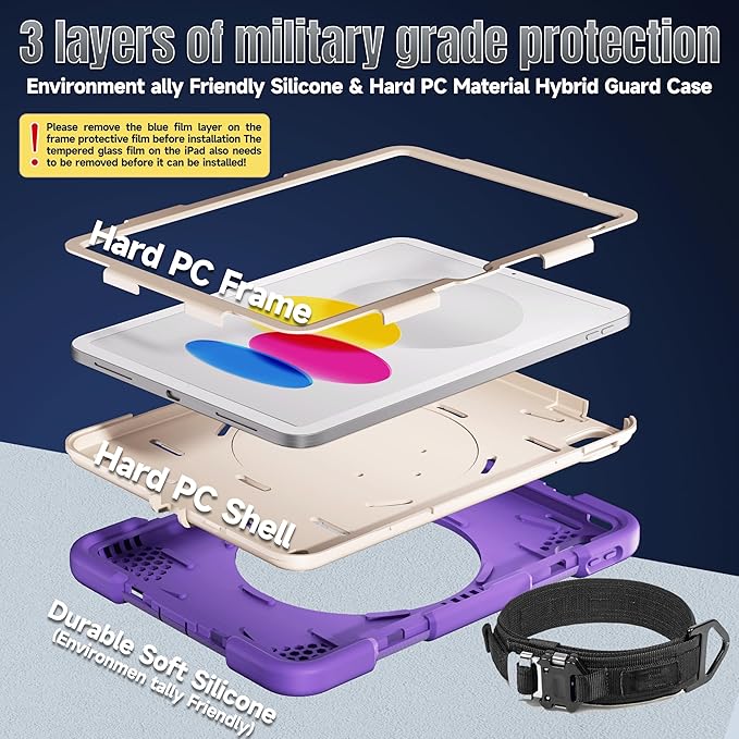 Case for iPad (A16) 11th /10th Generation 11/10.9 Inch 2025/2022 with Screen Protector/360° Rotate Stand/Shoulder Strap/Pencil Holder Shockproof iPad 11th/10th Gen Cover (Purple+White)