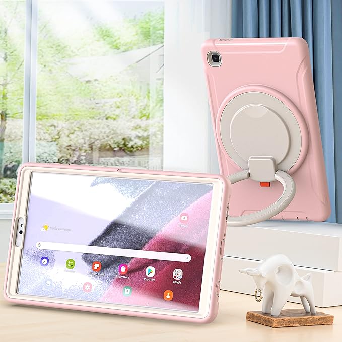 Shockproof Case for Samsung Galaxy Tab A7 Lite 8.7 Tablet Techcircle Rotating Stand Handle Heavy Duty Bumper Hybrid Cover Protective Case for Galaxy Tab A7 Lite (2021) SM-T220/T225 Baby Pink