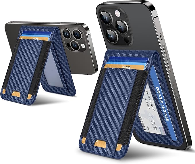 ExtreLife For Magsafe Wallet Adjustable Stand and Open ID Window Magnetic Wallet for iPhone 17/16/15/14 Pro Max/14 Pro/14/14 Plus/13/12 Series 9 Cards Blue Carbon Fiber