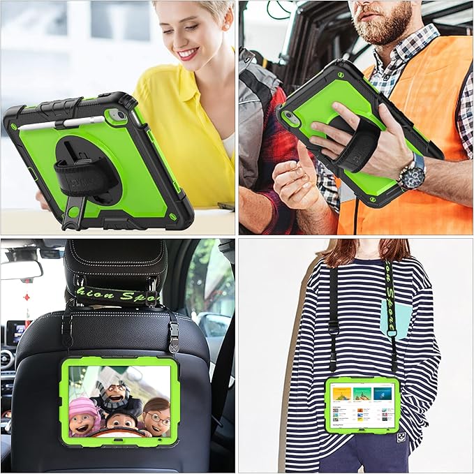 SEYMAC stock Case for iPad (A16) 11th/10th Generation 11''/10.9'' 2025/2022 Full-Body Drop Protection Case with Screen Protector &amp360° Rotate Hand Strap/Stand Green+Black