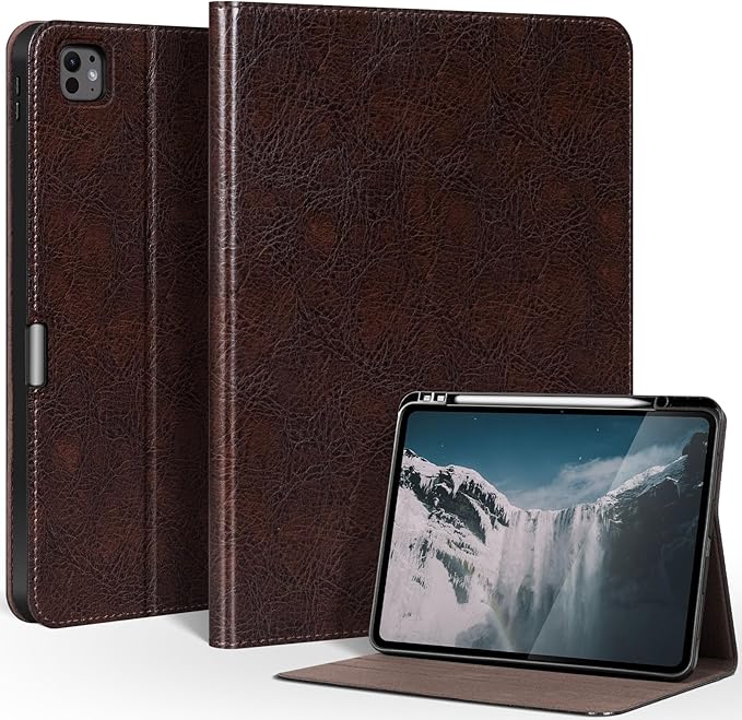Genuine Leather Case for iPad Pro 13 Inch M5 2025 / M4 2024 Premium Folio Cover with Pencil Holder Auto Wake/Sleep &amp Adjustable Stand - Vintage Moka Brown